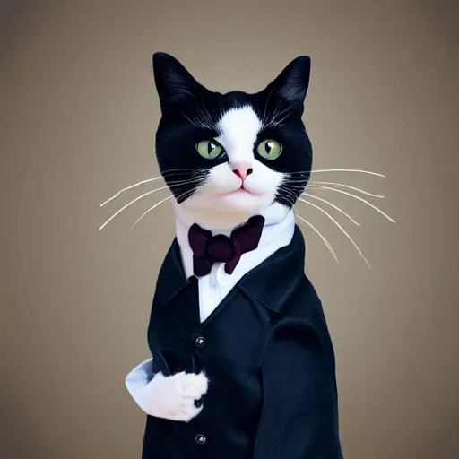 Prompt: a cat wearing a luxurious 3 piece suit