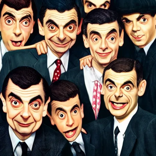 Image similar to mr. bean in a boy band and everyone is mr. bean hyperrealism photo - realistic by norman rockwell and 8 k