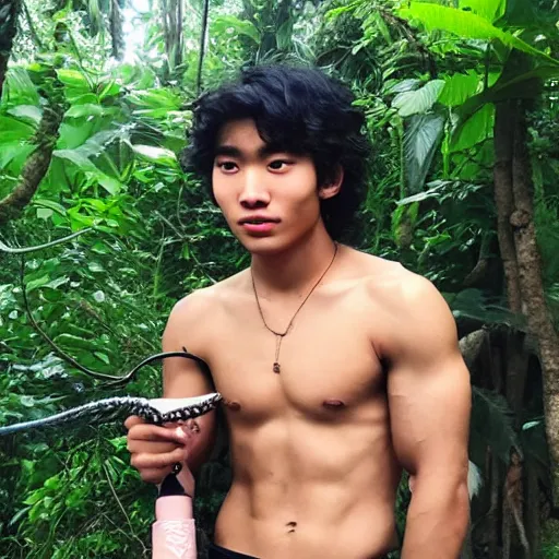 Prompt: jungle book mowgli who is a 2 0 year old korean with large muscles and with long unkempt and slightly curly hair, holding a torch in one hand and an iphone in the other hand, standing in the jungles of jeju island