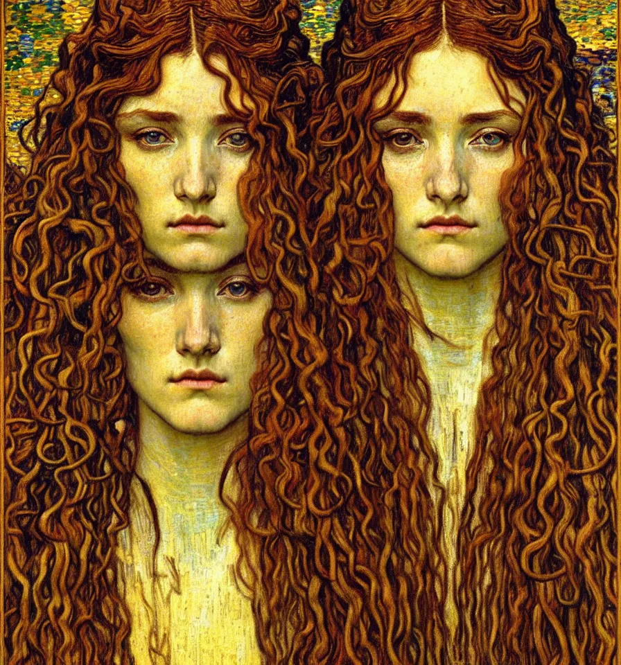 Image similar to detailed realistic beautiful young medieval queen face portrait by jean delville, gustav klimt and vincent van gogh, art nouveau, symbolist, visionary, gothic, pre - raphaelite, muted earthy colors, desaturated