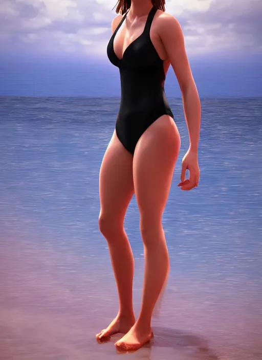 Image similar to ultrarealistic photo of emma watson swimsuit beach warrior, full body, cinematic, artstation