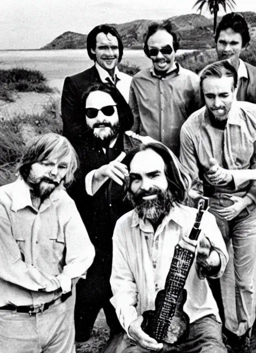 Image similar to vintage magazine photo depicting charles manson playing tambourine with the beach boys