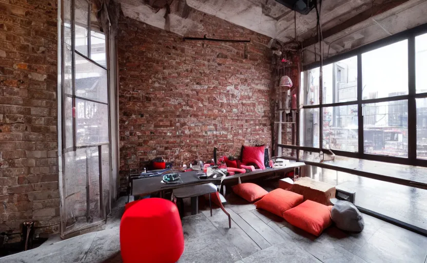 Image similar to maximalist interior of a japanese bedroom, concrete, neon signs, old brick walls, rough wood, grey, anthracite, red, akihabara style, swedish style, window with a view of apartment blocks