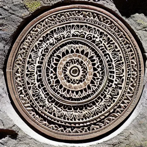 Prompt: mandala carved into the side of a mountainside