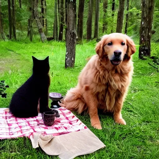 Prompt: golden retriever and a black kitty having a tea party in the forest