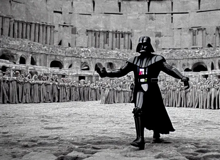 Image similar to film still of Darth Vader as Maximus in the arena with his arms out saying are you not entertained in Gladiator 2000, 4k