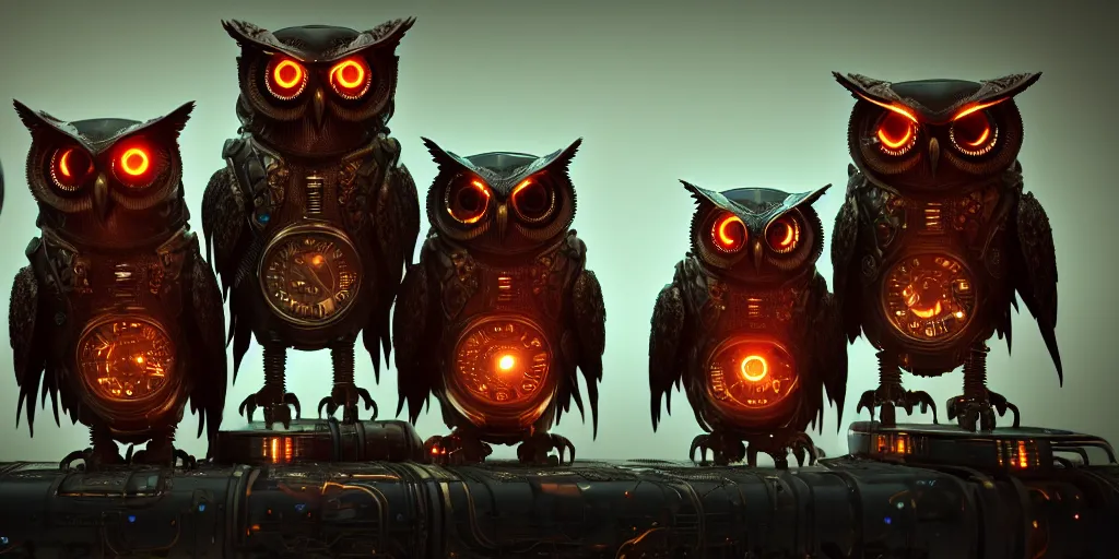 Image similar to giant evil, malevolent, cyborg owls snuggling, surrounded by computer screens. steampunk. this 4 k hd image is trending on artstation, featured on behance, well - rendered, extra crisp, features intricate detail and the style of unreal engine. volumetric lighting octane render