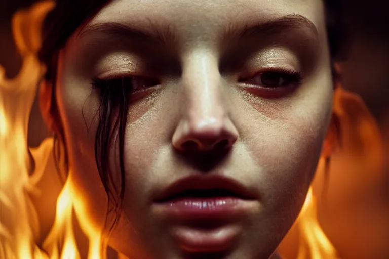 Image similar to an ultra realistic, cinematic, close up portrait, of a young woman, fire, dramatic, soft light, dreamy, facial features, stood in a cell, with prison clothing, detailed, deep focus, movie still, dramatic lighting, ray tracing, by michal karcz and yoshitaka and david cronenberg