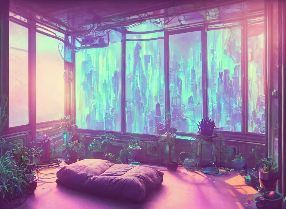 Image similar to telephoto photograph depicting the experience of acceptance in a cosy cluttered french sci - fi ( art nouveau ) cyberpunk apartment in a pastel dreamstate art cinema style. ( iridescent terrarium!, computer screens, window ( city ), leds, lamp, ( ( ( terrarium bed ) ) ) ), ambient light.