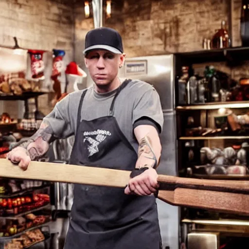 Image similar to Eminem as a butcher with axe in his hand, shot from professional camera, ultra realistic, rim light, beatiful vivid lights