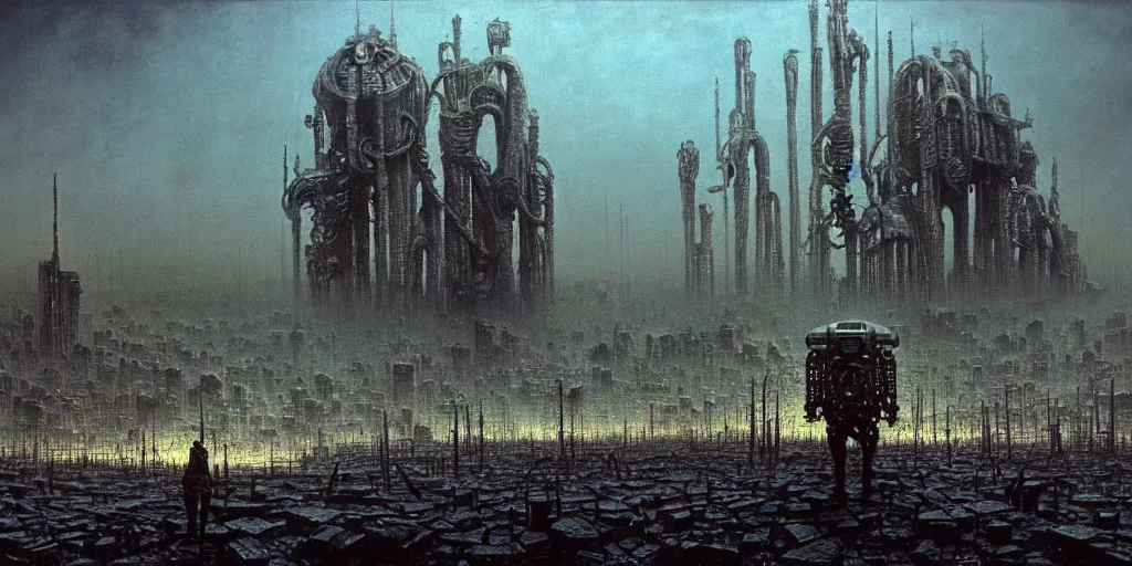 Image similar to the terrible fate of the world after nuclear war, ruined cities, ai robot tendril remnants, biomachine war against humanity, beksinski, giger, ambient art wallpaper popular on artstation