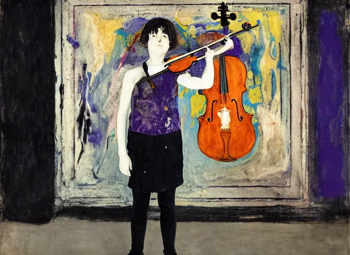 Prompt: girlboy standing with violin down painted by vincent lefevre and hernan bas and pat steir and hilma af klint, psychological, photorealistic, symmetrical face, dripping paint, washy brush, rendered in octane, altermodern, masterpiece