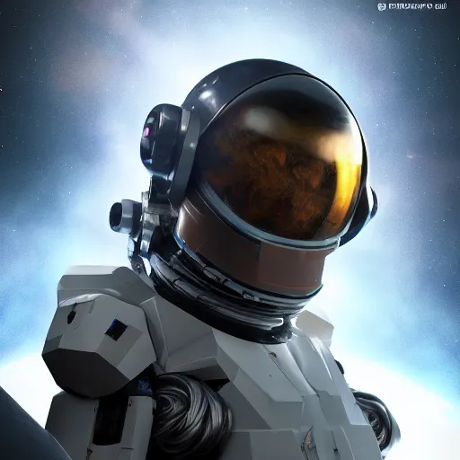 Prompt: beautiful portrait of a mecha astronaut alone on event horizon flying in void space with spaceship destroyed, octane render, trending on artstation, hyperrealistic, character photography