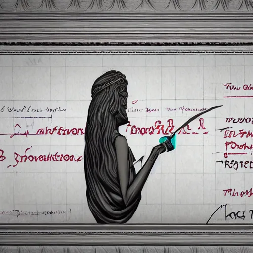 Prompt: the goddess of revolutions writing down predictions of the future on a stock market board, digital art