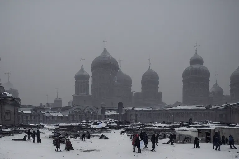 Prompt: Post-apocalyptic imperial russian city scene with a dark smog choked sky and a crowd of people freezing in the snow, black domes and spires, sci fi