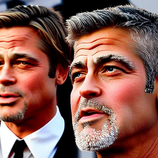 Prompt: Brad Pitt and George Clooney. They facing each other. They are two feet apart. Brad on left George on right. Neutral expression. Close up shot, detailed. Professional photography.