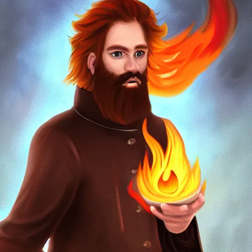 Image similar to furious young brown - red haired man with beard, wearing black coat, fire behind him, fire mage, shooting fire, fire, oil painting, fantasy artwork, fantastic artwork, 4 k, trending on artstation