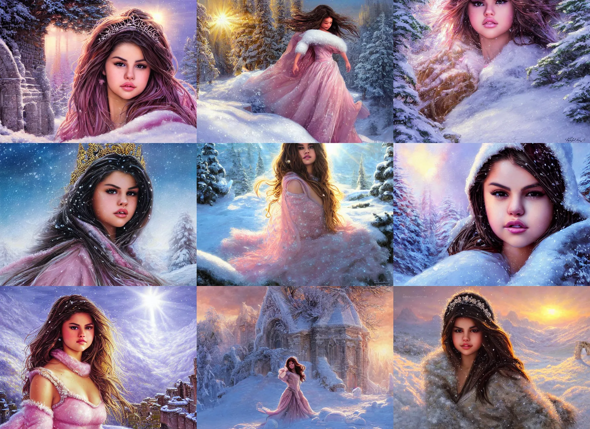 Image similar to epic face portrait of Selena Gomez warmly clothed sleeping in deep snowy snow, winter princess, ancient ruins, prism sun rays through wind swept snow, pink golden hour, saturated, intricate, highly detailed, epic vista, very crispy, Ralph Horsley, Daniel F. Gerhartz, Artgerm, Boris Villajo, Lilia Alvarado