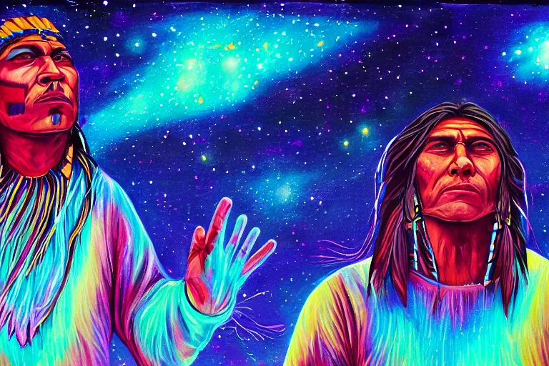 Image similar to digital art of a spiritual native american man looking up at the stars, acrylic art, universe, painting, pastel colors, synthwave, retro, cyberpunk,