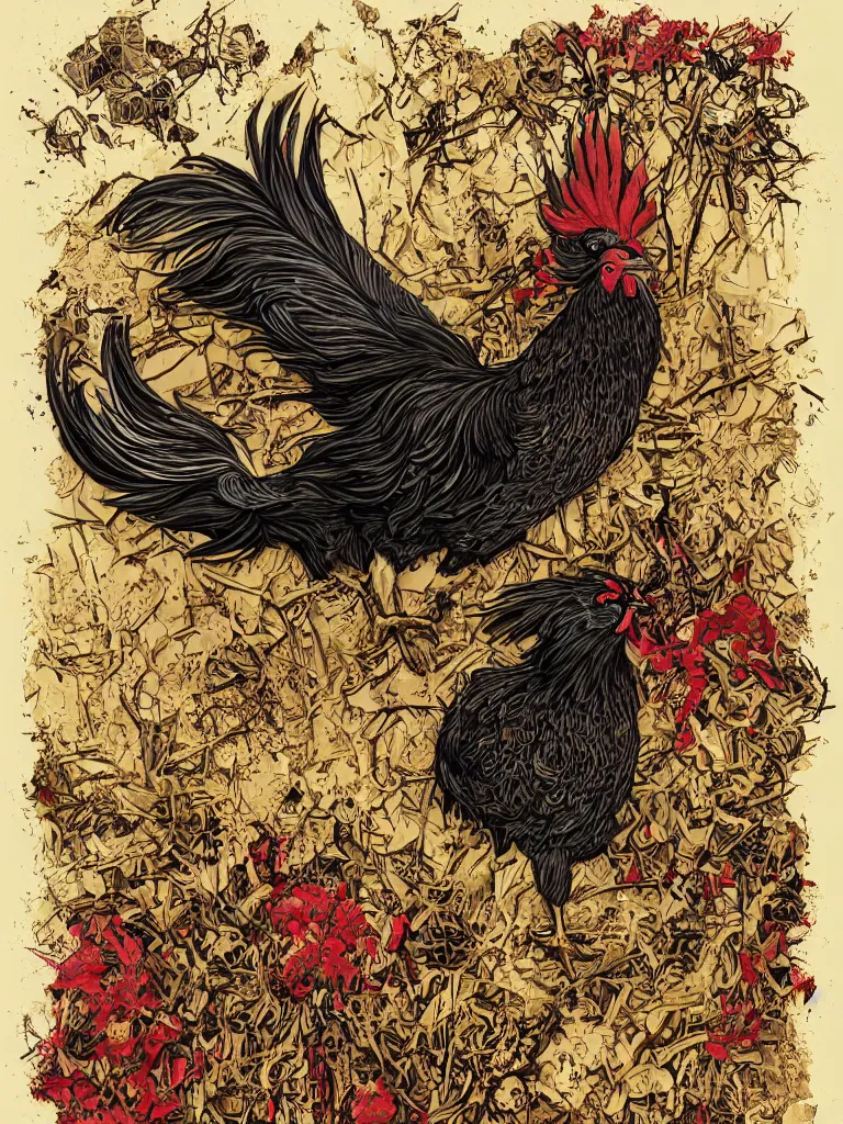 Image similar to dark military portrait of a majestic Fat!!!! Black Rooster, the King of rooster old decrepit tarot card, avian warrior, red gold black royal tarot card background, with blunt brown border and Cannabis trees, ultra-detailed pen and ink illustration, sharp focus, matte painting, symmetrical, golden ratio, cgsociety, concept art, 8k, octane render, artstation, art by Gerald Brom