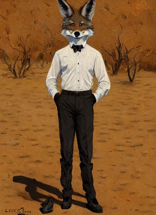 Prompt: Character portrait of a smiling furry anthro coyote wearing a white button-down shirt and black slacks in the desert wilderness, intricate, elegant, highly detailed, digital painting, artstation, concept art, smooth, sharp focus, illustration, art by Krenz Cushart and Artem Demura and alphonse mucha