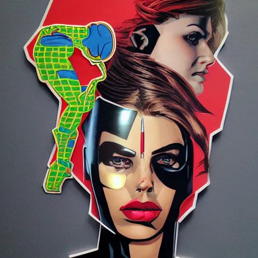 Prompt: portrait of a female android, superhero comics cutouts, by Sandra Chevrier