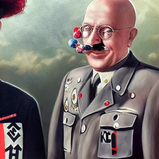 Image similar to UHD photorealistic detailed image of young Nazi Klaus Schwab and Hitler, both wearing extremely intricate clown costumes and detailed, intricate makeup by Ayami Kojima, Amano, Karol Bak, tonalism