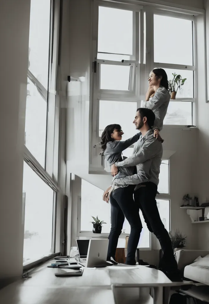 Image similar to wife hugging her husband that is working at his futuritic desk looking at the window with a futuristic city