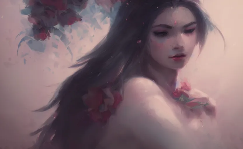 Image similar to a painting of jasmine trending on artstation in the style of greg rutkowski, beautiful, sensual, flower, portrait, adorable, alter, hell, demon