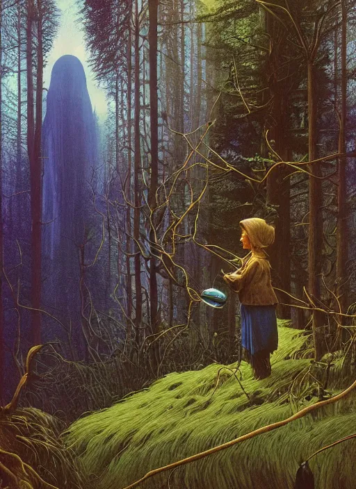 Image similar to hyper realistic witch modem with mood lighting and tech in the woods gorgeous lighting, blue sky, highly detailed, lush forest foliage painting by zdzisław beksinski and norman rockwell and greg rutkowskiweta studio, and lucasfilm