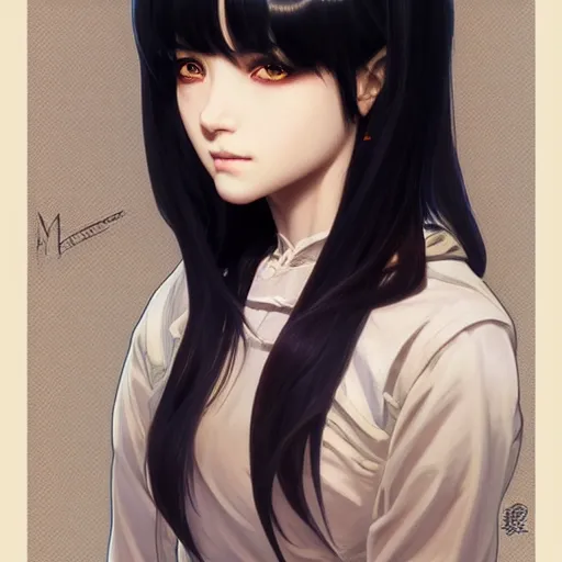 Image similar to portrait of beautiful symmetrical anime girl, black hair, attractive, casual, modern, highly detailed, digital painting, artstation, concept art, smooth, sharp focus, illustration, art by moebius artgerm, greg rutkowski and alphonse mucha, 8 k