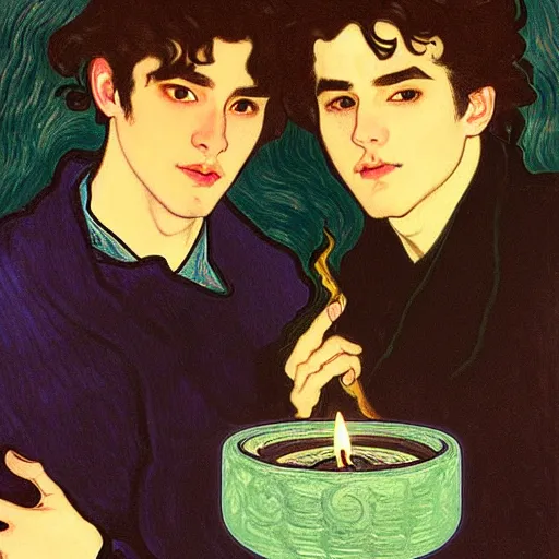 Image similar to painting of young cute handsome beautiful dark medium wavy hair man in his 2 0 s named shadow taehyung and cute handsome beautiful min - jun together at the halloween party, bubbling cauldron, candles, smoke, tarot, autumn colors, elegant, stylized, soft facial features, delicate facial features, art by alphonse mucha, vincent van gogh, egon schiele