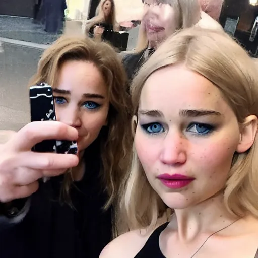 Prompt: a woman who is a genetic combination emilia clarke and jennifer lawrence takes a selfie with a woman who is the genetic combination of emily rudd and taylor swift, medium shot, detailed eyes,