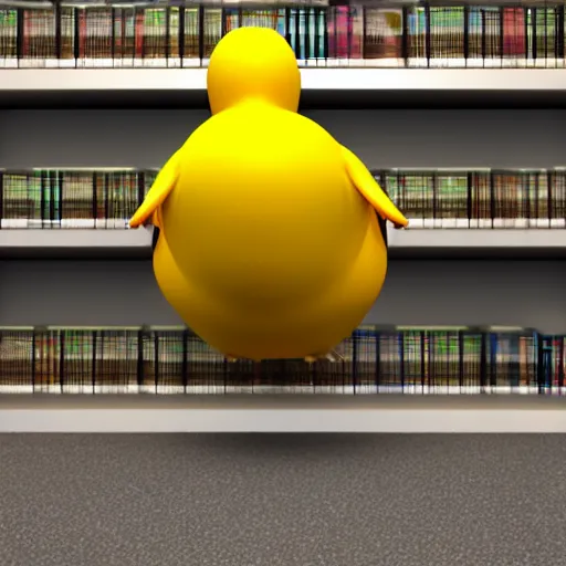 Prompt: huge buff yellow duck 3 d render in a library