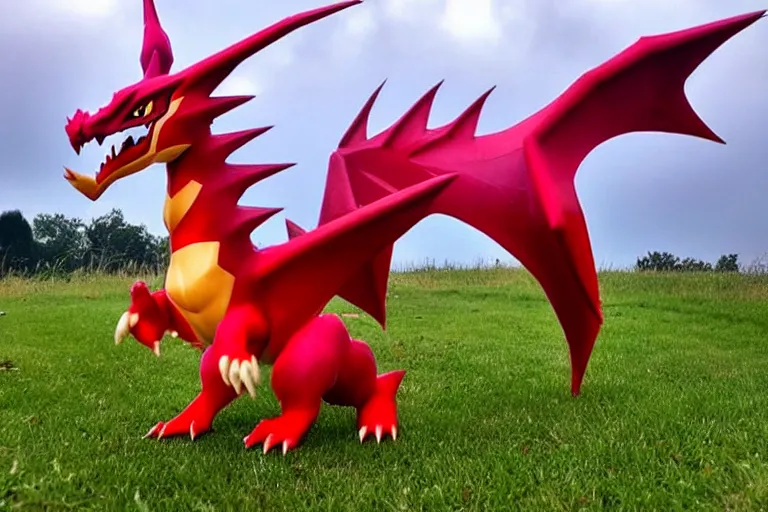 Image similar to real life sharizard pokemon, cute!!!, heroic!!!, adorable!!!, playful!!!, happy!!!, cheeky!!!, mischievous!!!, ultra realistic!!!, spring time, slight overcast weather, golden hour, sharp focus