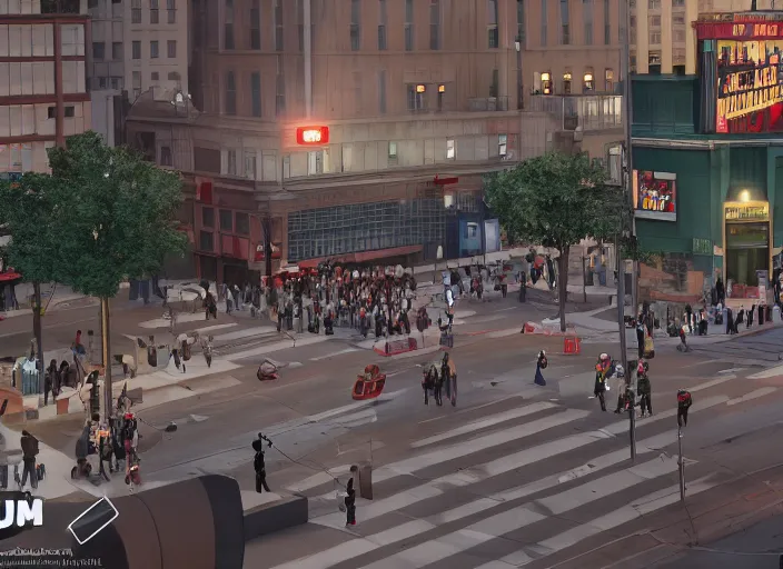 Image similar to crowd of working citizens protests while missles and bombs explode residential buildings, DSLR 35mm, by Edward Hopper and Dan Mumford and WLOP and Greg Rutkovsky, Unreal Engine 5, Lumen, Nanite