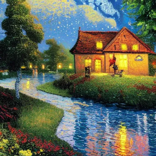 Prompt: a landscape with high realistic high detailed painting by Thomas Kinkade and Van Gogh