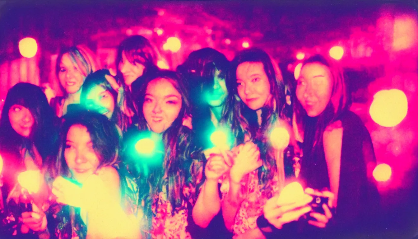 Image similar to colorful instant photograph girls night out in a city at night, polaroid, light leak, raw, nostalgic