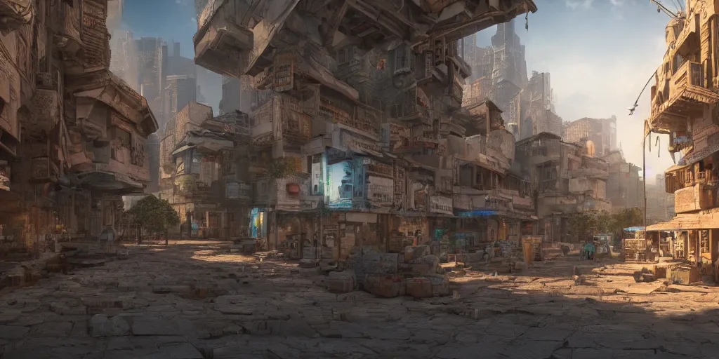 Prompt: a cyberpunk village with nabatean architecture, highly detailed, 4k, 3D render, octane render, HDR, award winning