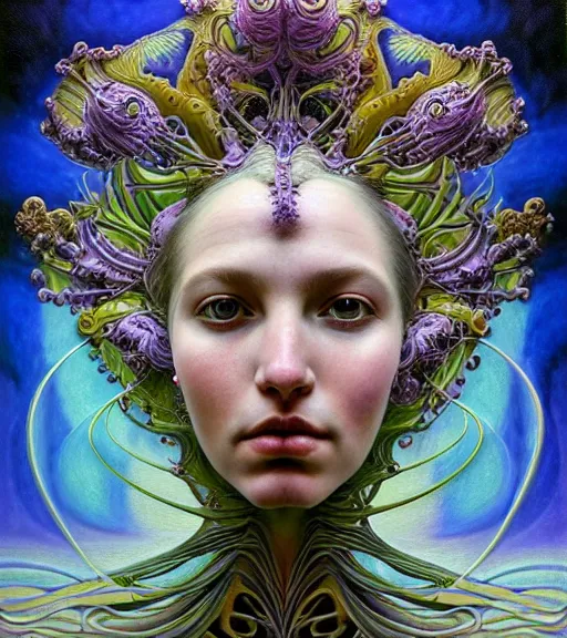 Prompt: detailed!!! coherent!!! realistic beautiful young groovypunk queen of andromeda galaxy in full regal attire. face portrait. art nouveau, symbolist, visionary, baroque, giant fractal details. horizontal symmetry by zdzisław beksinski, iris van herpen, raymond swanland and alphonse mucha. highly detailed, hyper - real, beautiful