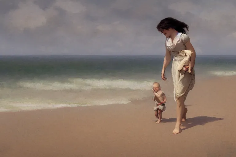 Image similar to woman with child walking on beach, by Greg Rutkowski, William-Adolphe Bouguereau, jason chan, Maxim Verehin, Peter Konig, photorealistic 8k, cinematic lighting, HD, high detail, atmospheric, trending on artstation