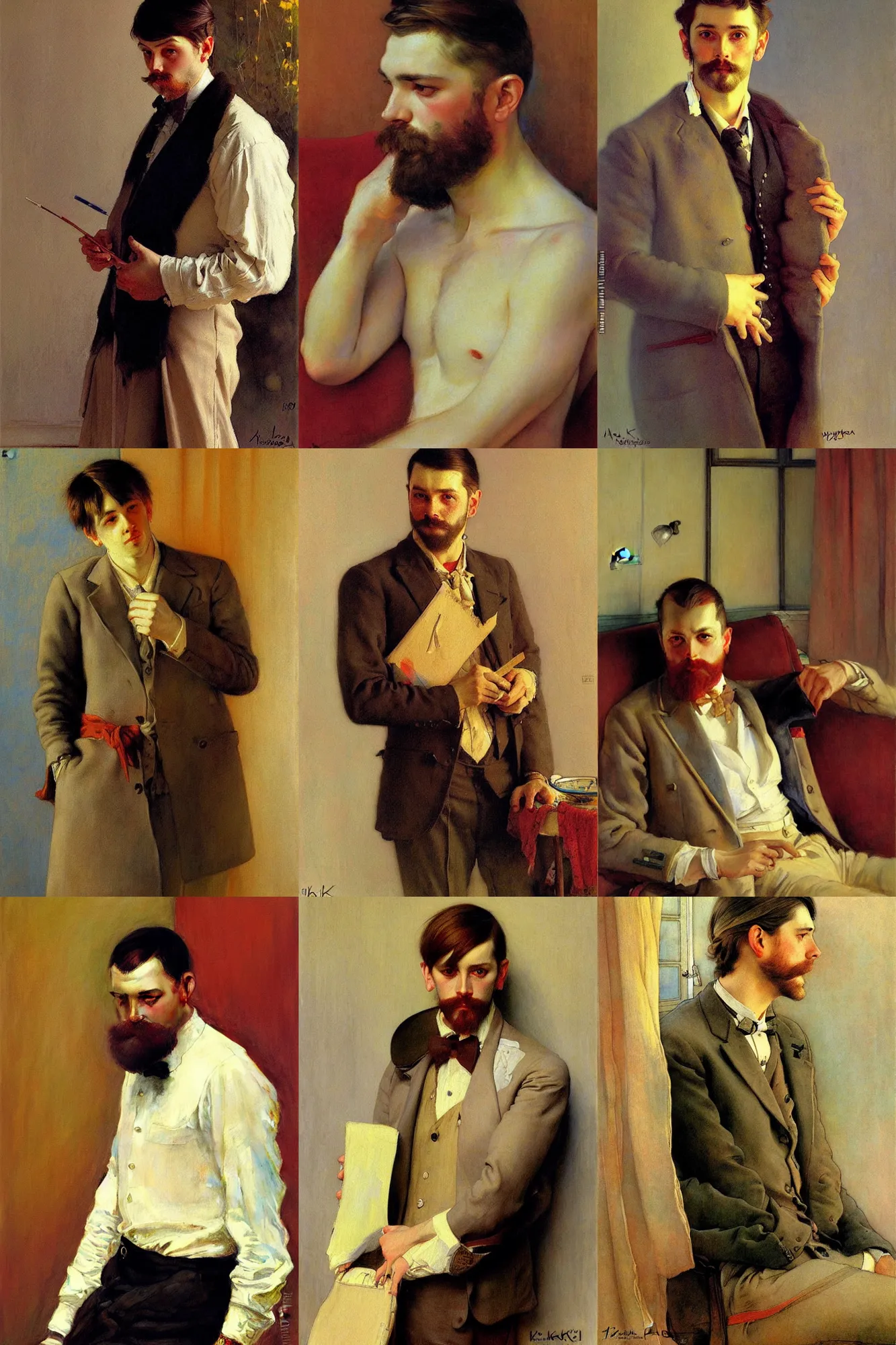 Prompt: attractive male, painting by ilya kuvshinov, carl larsson, gaston bussiere