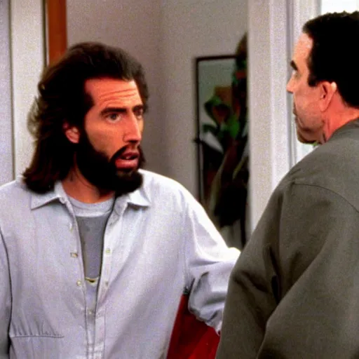 Image similar to Photo still of Jesus Christ in 1990s clothing talking with Kramer in Jerry Seinfeld's apartment, in the style of the TV show Seinfeld (1994)