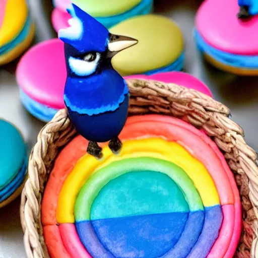 Image similar to A photograph of a (photorealistic blue jay) standing on a large basket of rainbow macarons.