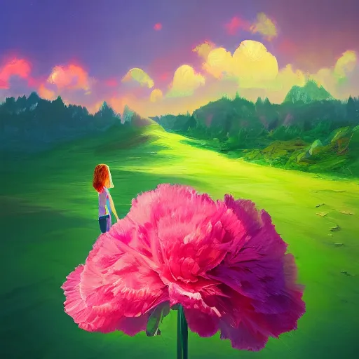 Prompt: giant carnation flower as a head, girl hiking in a canyon, surreal photography, sunrise, dramatic light, impressionist painting, colorful clouds, digital painting, artstation, simon stalenhag