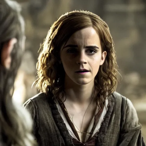 Prompt: ashamed emma watson as hermione granger in that infamous game of thrones scene