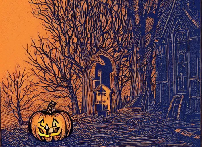 Prompt: blue woodcut print, cartoon halloween pumpkin in graveyard at midnight by greg rutkowski, fine details, highly detailed