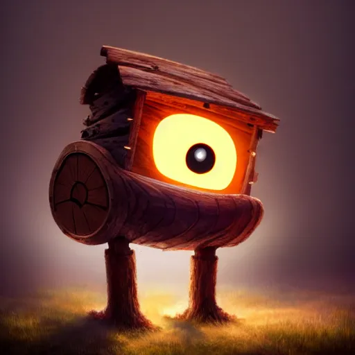 Image similar to a walking wood house with two mechanical legs and two glowing eyes and a mouth, rust, hyperrealistic, pareidolia, highly detailed, cinematic, single ray of sun, fog, beautiful, cgssociety, artstation, 8 k, oil painting