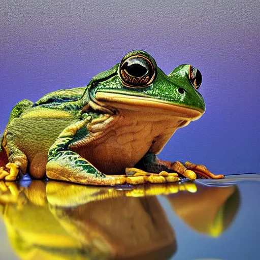 Prompt: a hybrid of a crane and a frog on the background of a blue sunset, photorealism, 4 k