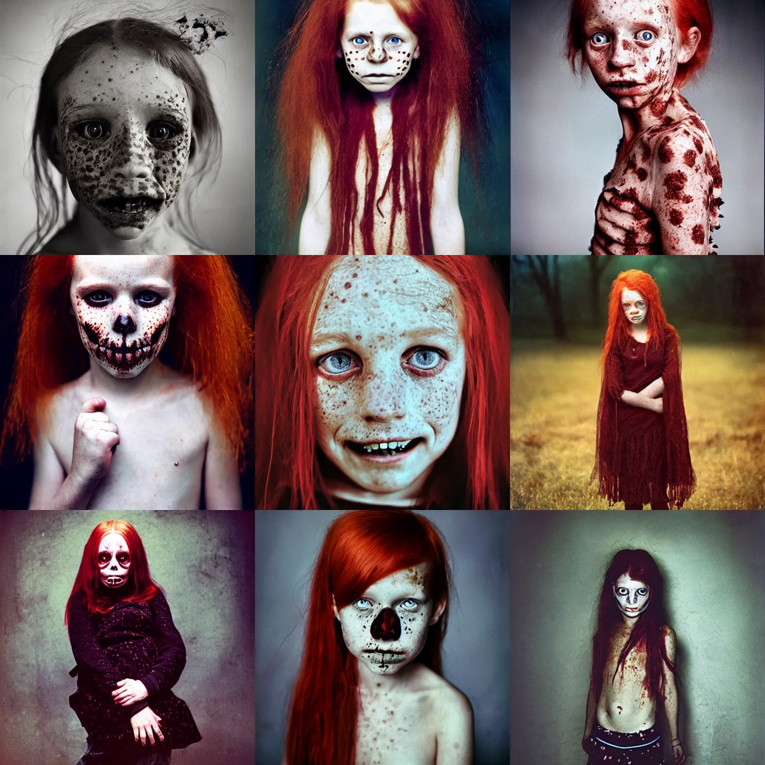 Prompt: photograph of a creepy ten year old girl by annie leibovitz, red hair, freckles spooky, scary